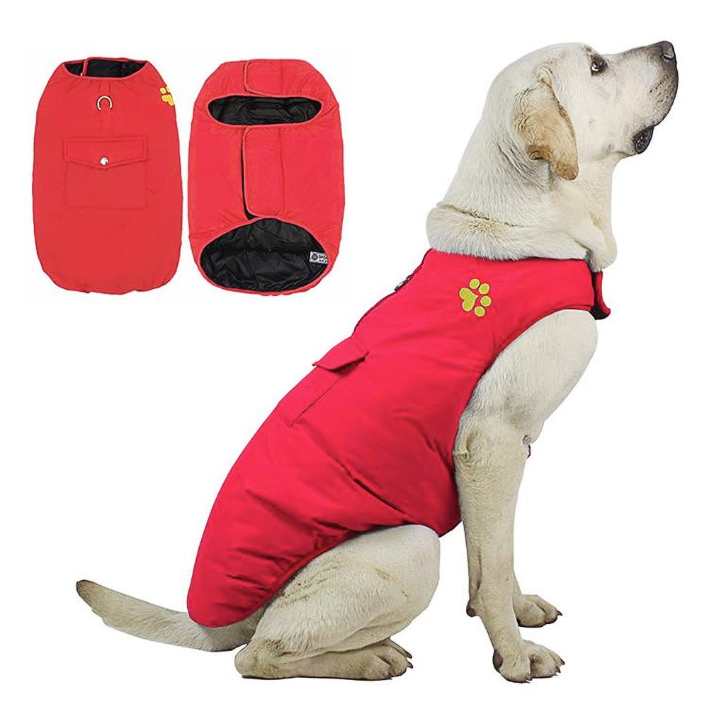 Doggiekit Dog Cold Weather Costs, Reversible Waterproof Warm Dogs Jacket Vest Winter Coat With Pocket And D-Ring, Windproof Pet Cotton Clothes For Smell Medium Large Dogs Cats (Medium, Red)