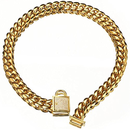 Designer Dog Collar Gold Metal Stainless Steel With Zirconia Lock 14Mm 18K Gold Big Dog Luxury Training Collar Cuban Lock Link N