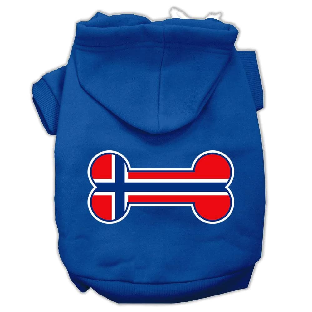 Pet, Dog & Cat Hoodie Screen Printed, 'Bone Shaped Norway Flag' Blue Lg (10-14 Lbs.)