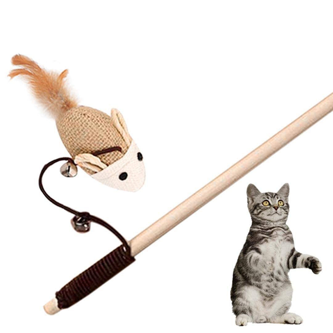 The Pets Company Rod Cat Bell Dangler With Mouse And Feather Teaser, Interactive Cat Kitten Toy, Design May Vary