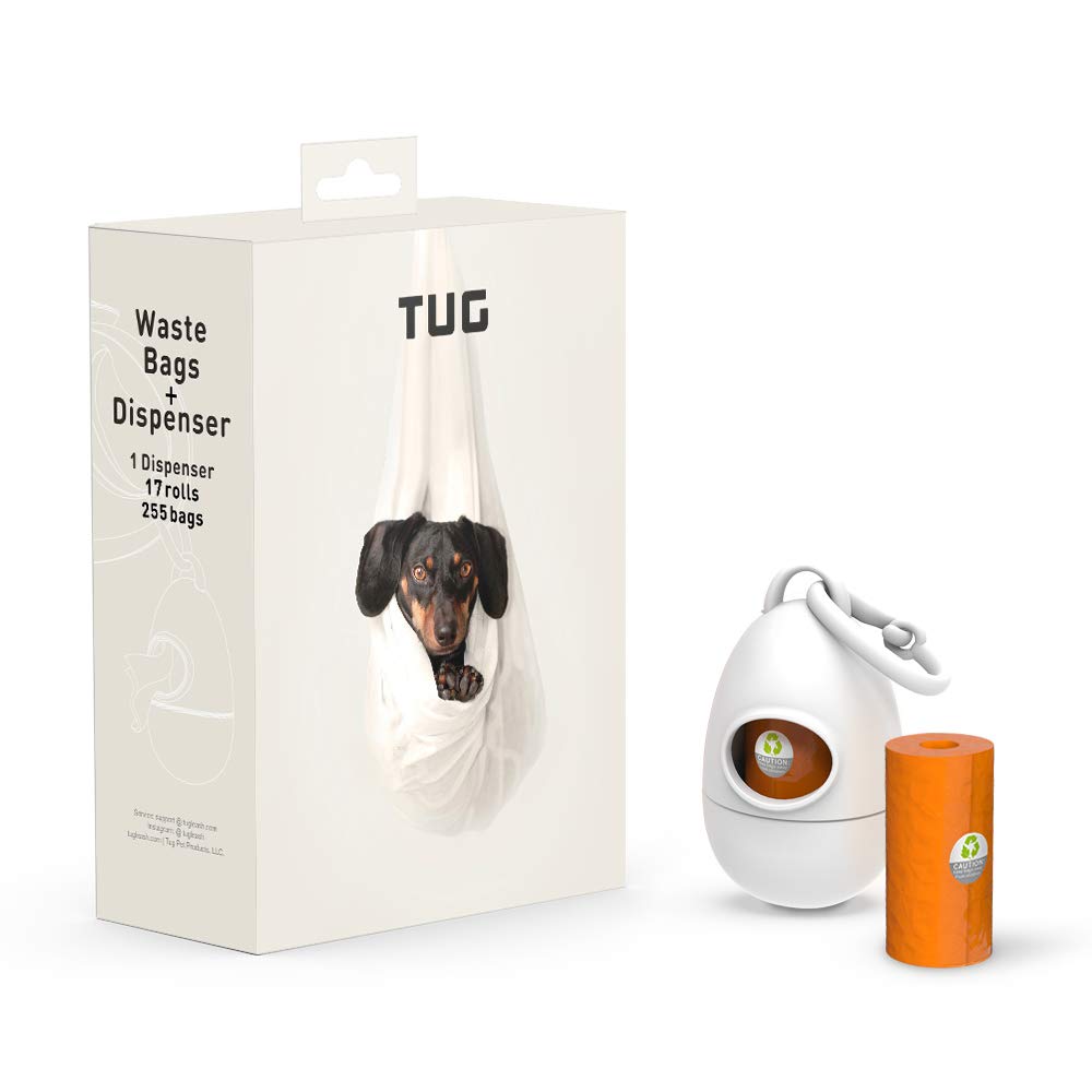 Tug Dog Waste Bag Dispenser With Dog Poop Bags, 17 Rolls (255 Bags), 15 Bags Per Roll, With White Dispenser