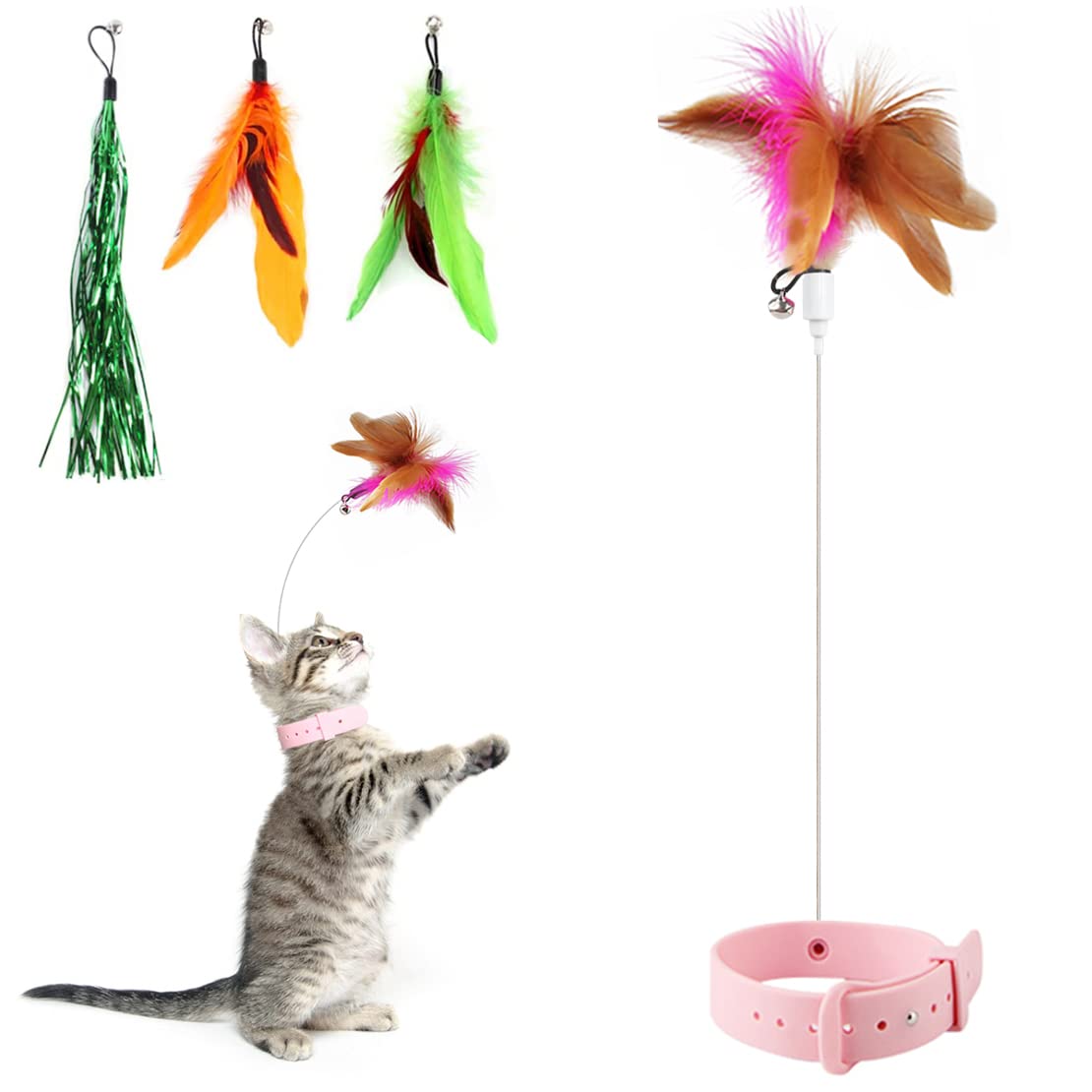 Otunrues Cat Feather Collar Toy, Interactive Toys For Indoor Cats Self Play Funny Teaser Wand Neck 3-In-1 Collar Toy Feathers Wi