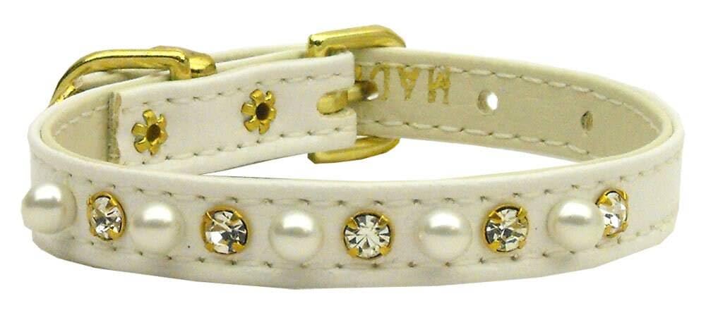 Dog, Puppy and Pet Collar, 3/8&quot; Wide Pearl & Clear Crystals White 10