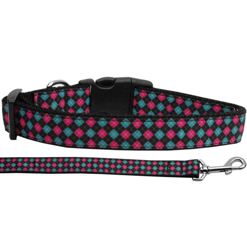 Pet Dog and Cat Nylon Collar or Leash, &quot;Pink & Blue Plaid&quot; XL Collar