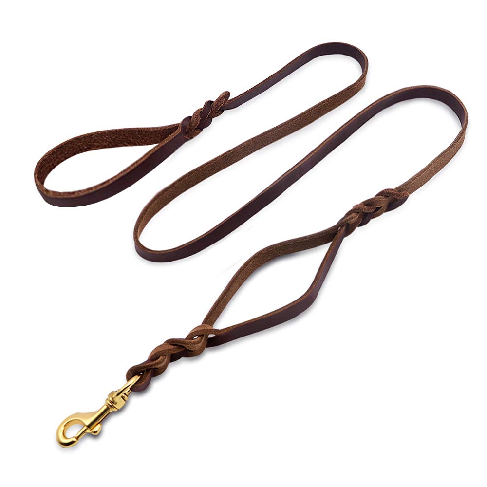 Wellbro Leather Double Handle Dog Leash-1.8cm Width by 6ft Length, Braided Training Lead with Traffic Handle, Easy Control and H