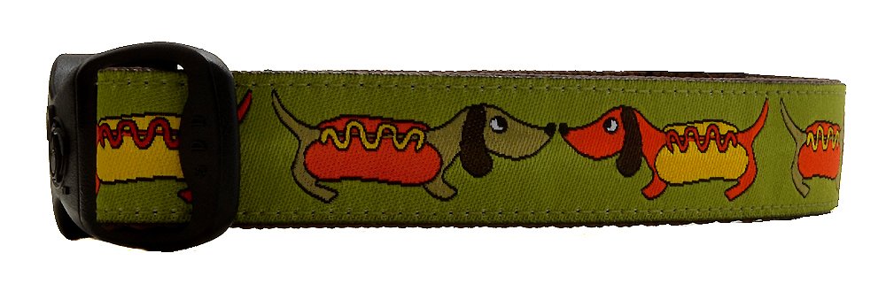 3 Dirty Dawgz Adjustable 3/4' And 1' Hot Dog Weiner Dachshund Dog Collars For Medium Large And X-Large Dogs (Small (3/4' W, 11'-15' L), Green)