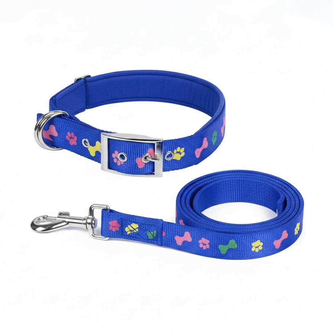 Pets Empire Soft Padded Paw And Bone Printed Dog Leash Collar Set Nylon Foam Soft Adjustable Pet Cat Durable Collar (Small Neck 