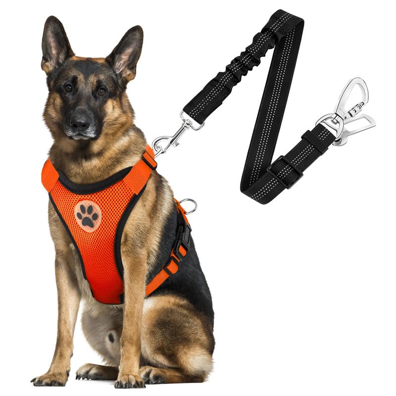 Slowton Dog Seat Belt Harness For Car, Dog Car Harness Adjustable Mesh Breathable & Dog Seatbelt Safety Tether With Elastic Bungee For Small Medium Large Pets(Orange, Double Clip, L)
