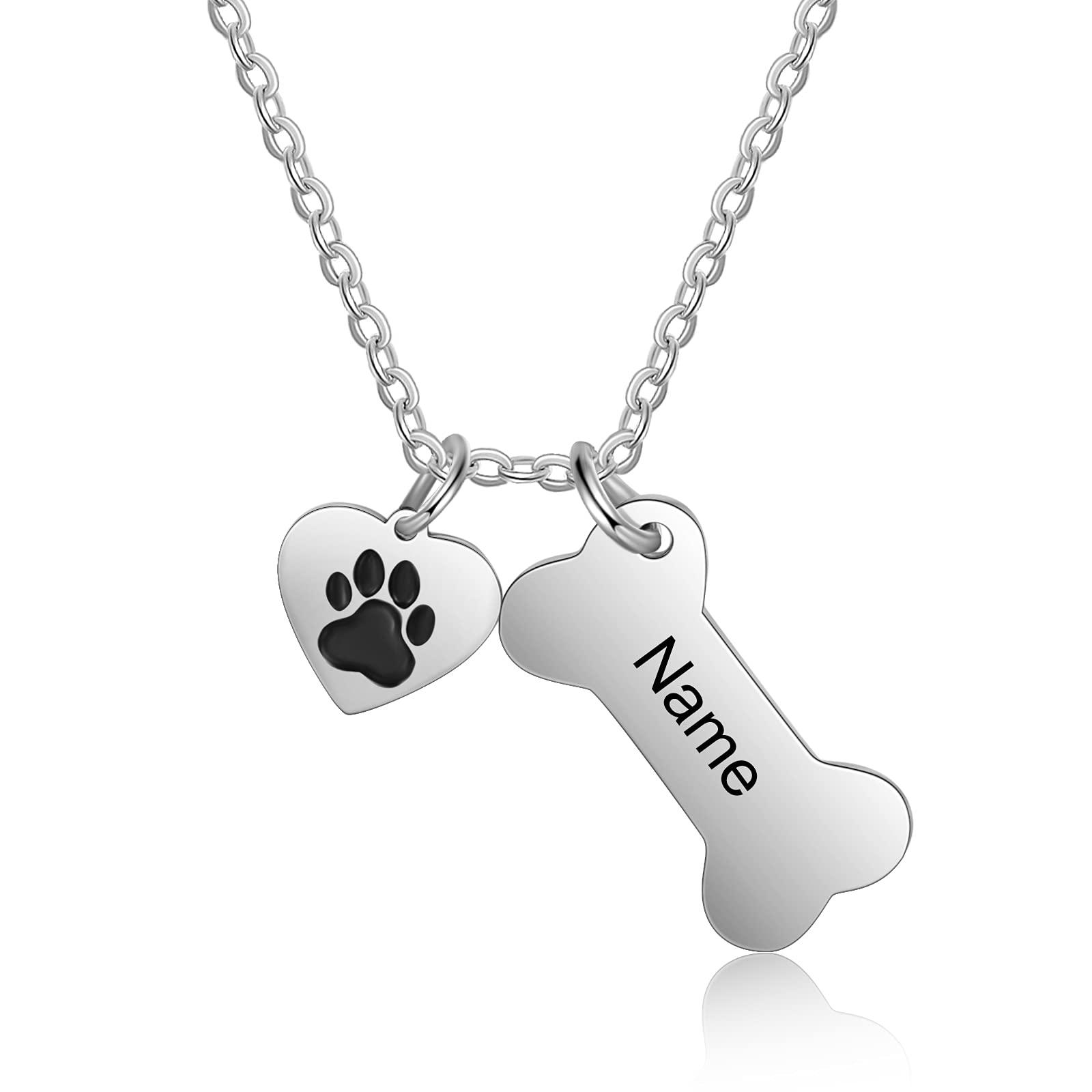Albertband Personalized Dog Bone And Paw Charm Pendant-Dog Bone Memorial Necklace Custom Name Necklace Engrave Your Pets Name Ch
