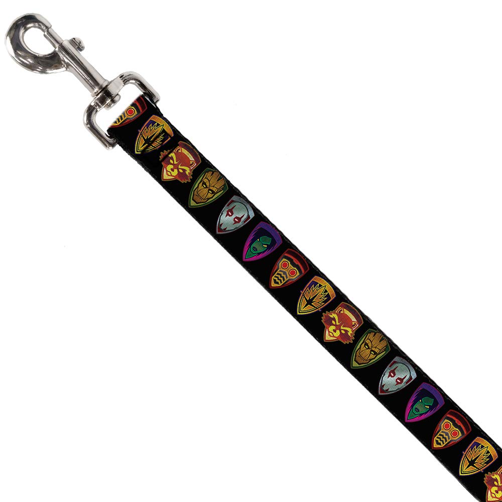 Buckle-Down Dog Leash Guardians Of The Galaxy Badge 5 Character Icons Black 4 Feet Long 1.0 Inch Wide, Multicolor (Dl-Wmc111)