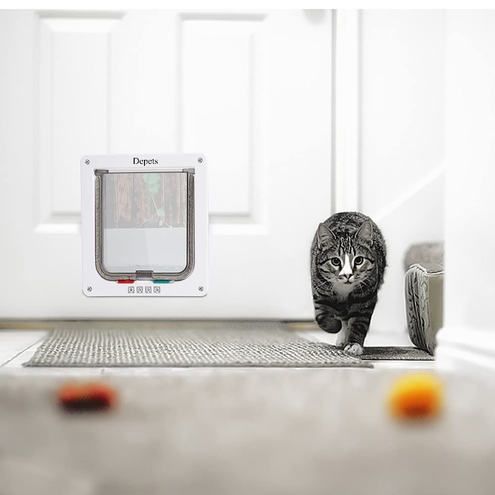 Depets Medium Cat Flap Door With 4 Way Lock (Outer Size 7.5' X 7.8'), Magnetic Pet Door Kit White, Weather-Resistant Cat Door For Cats & Doggy