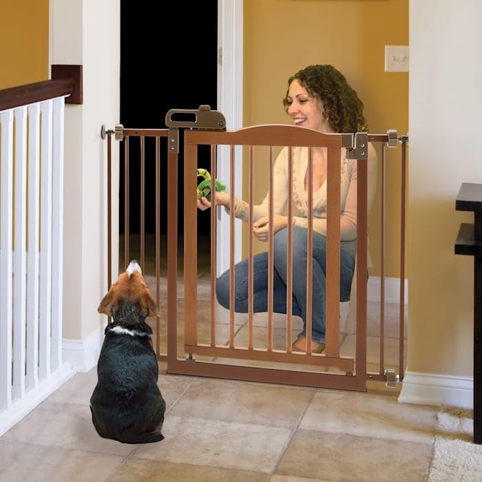 Richell One-Touch Pet Gate II, Brown, Fits Openings from 32.1-36.4" and 30.5" H, Dog Wood gate, Autumn Matte