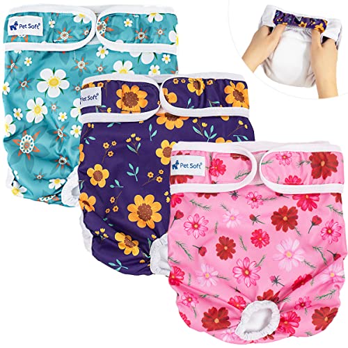 Pet Soft Washable Female Diapers (3 Pack) - Female Dog Diapers, Comfort Reusable Doggy Diapers For Girl Dog In Period Heat (Cute Flower, M)