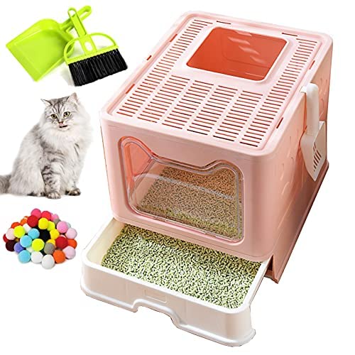 Hamiledyi Foldable Large Cat Litter Box Enclosed Cat Potty With Drawer Top Entry Type Anti-Splashing Cat Toilet With Lid And Cat Litter Scoop No Smell Cat Supplies For Cats And Kittens-Pink