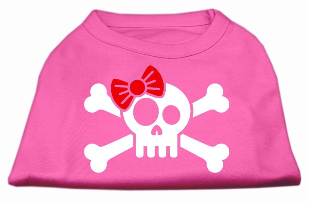 Pet Dog & Cat Shirt Screen Printed, 'Skull Crossbones Bow' Bright Pink Md (6-10 Lbs.)