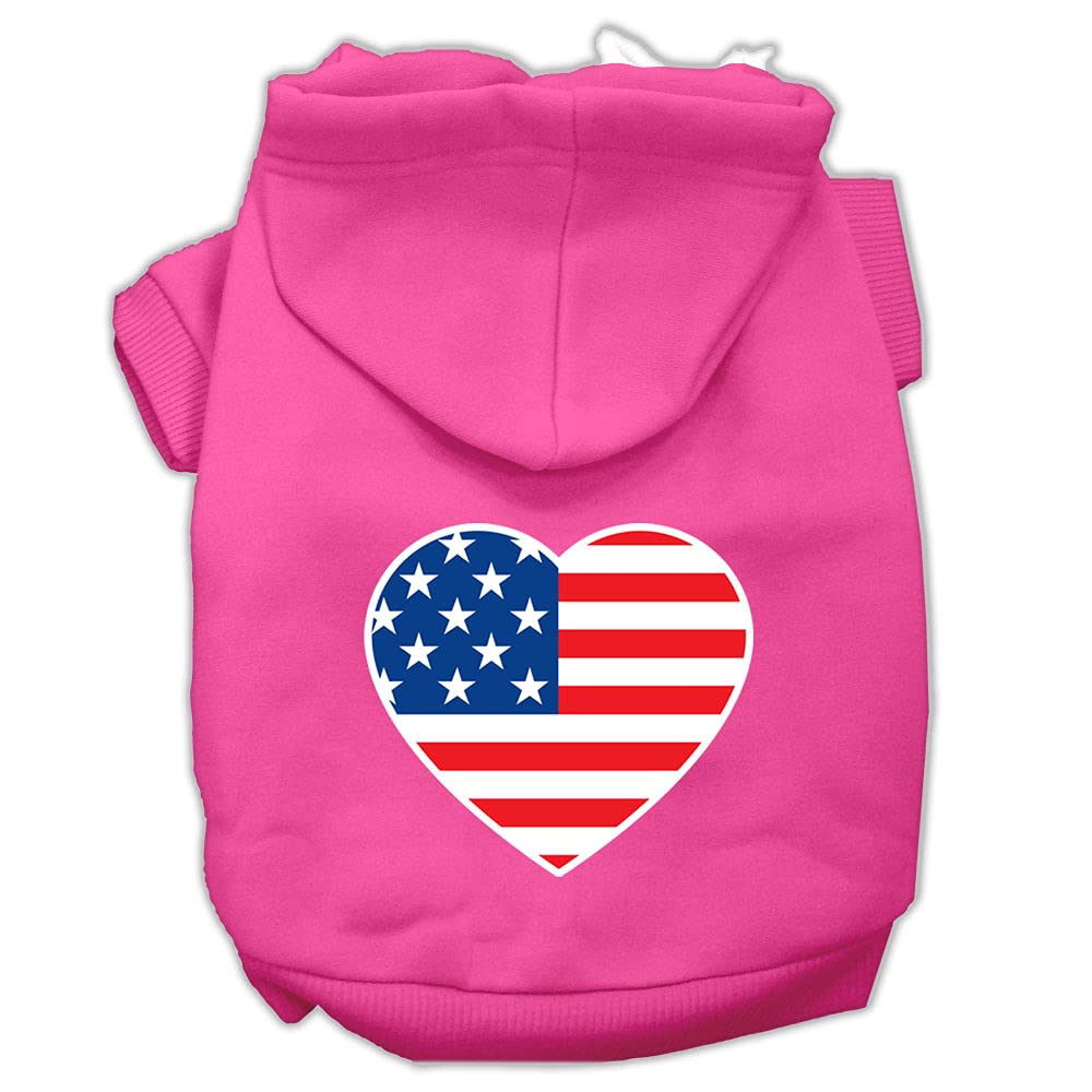 Pet Dog & Cat Hoodie Screen Printed, 'American Flag Heart' Bright Pink Md (6-10 Lbs.)