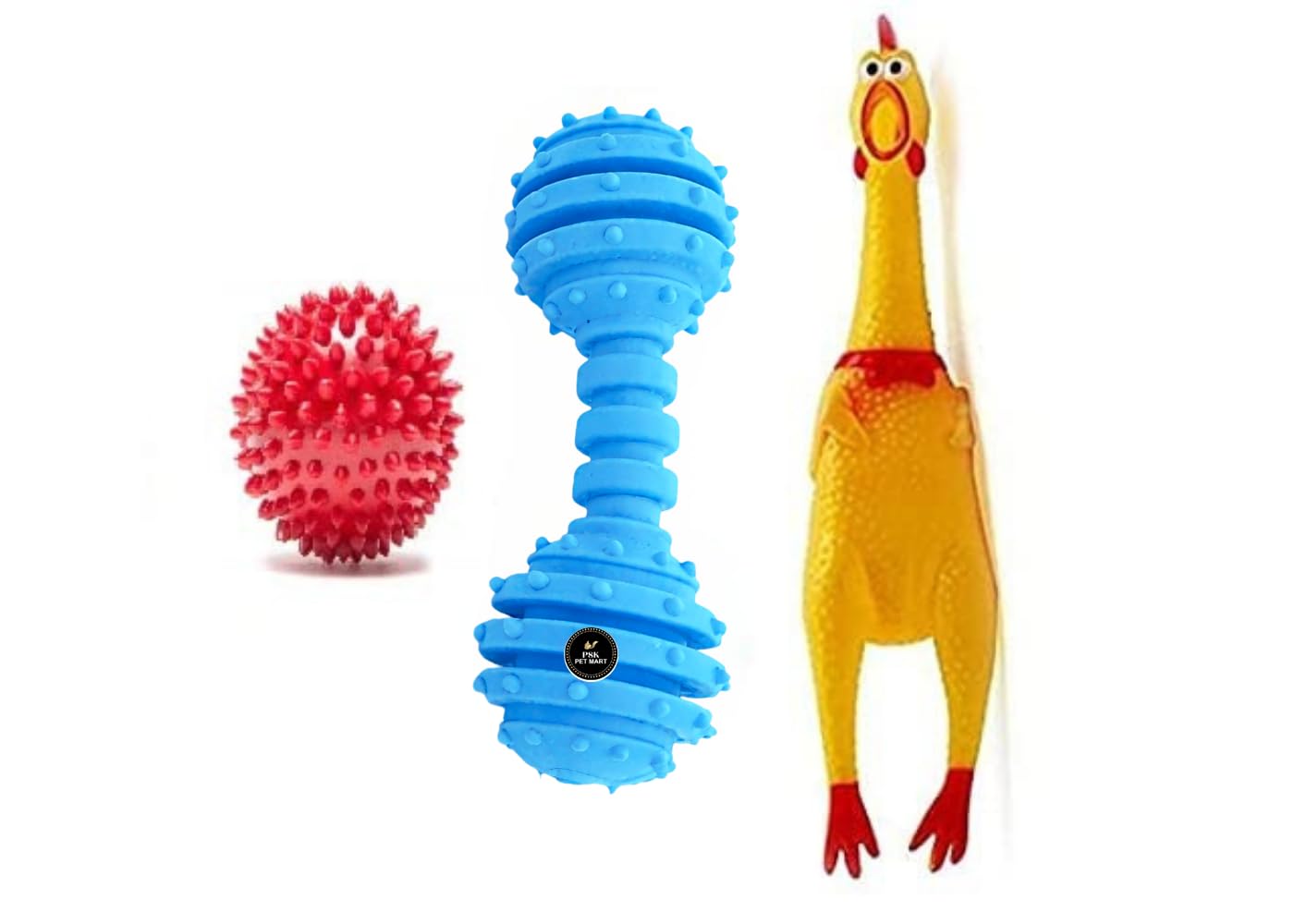 PSK PET MART Dog & Puppy Rubber Chew Toys Combo Ring Toy, Silicon Dumbbell, Squeaky Chicken Small (Pack of 3)