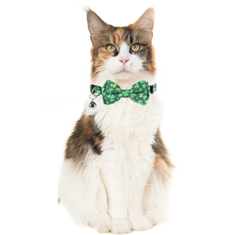St. Patrick'S Day Cat Collar Breakaway With Bow Tie Bandana And Bell Holiday For Kitty Adjustable Safety