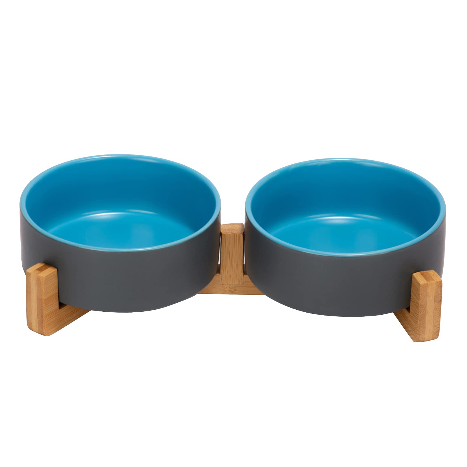 SPUNKYJUNKY Ceramic Dog and Cat Bowl Set with Wooden Stand, Modern Cute Weighted Food Water Set for Small Size Dogs (13.5OZ) & M