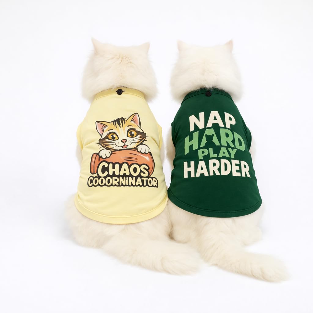 Thunder Tails Cat TShirt Pack Of 2 For Big Cats Above 7 Kgs | Cotton Cat Clothes For Huge Persian & Tuxedo Cats | Stretch Fit, 