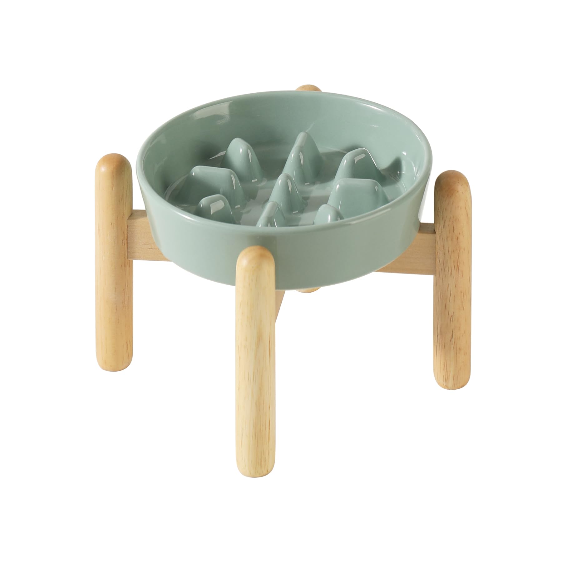 Havniva Ceramic 0.9 Cup Dog Raised Slow Feeder Set, Elevated Bowl with Wooden Stand for Small Dog, 6.1inch Pet Slow Feeder Dish 