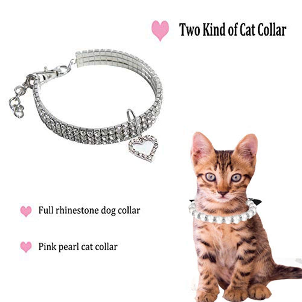WoYous Rhinestones Dog Collar and Pearl Dog Necklace Set, Adjustable Neck Strap Bling Full Diamond Crystal Cute Pearl Dog Collar