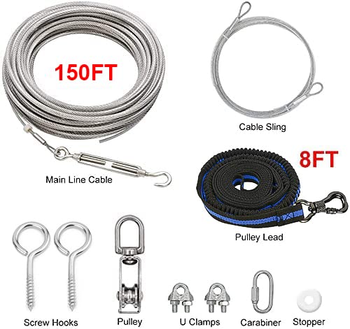 XiaZ Dog Tie Out Cable, 150ft Dog Trolley Runner Cable for Dogs up to 250lbs, Dog Lead for Yard, Camping, Outdoor, with 8 Ft Nyl
