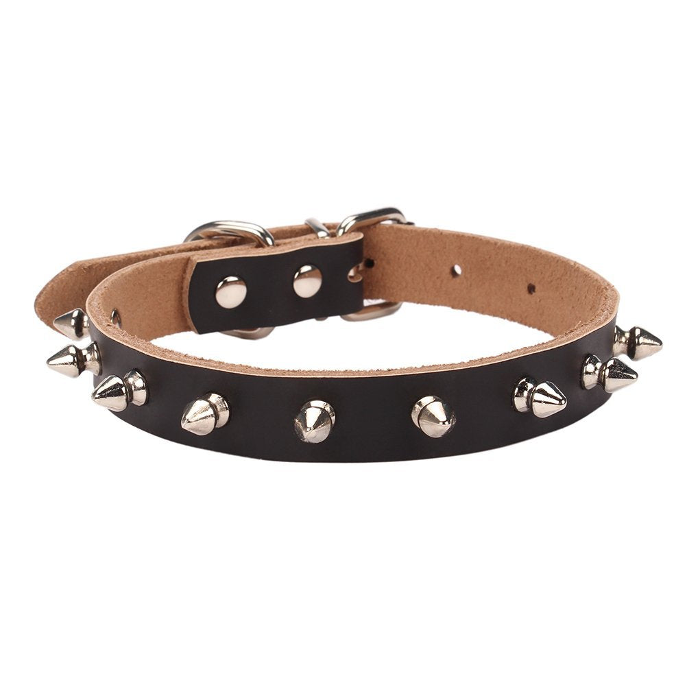 Aolove Basic Classic Adjustable Genuine Cow Leather Pet Collars For Cats Puppy Dogs (Medium, Black-Spiked Rivet)