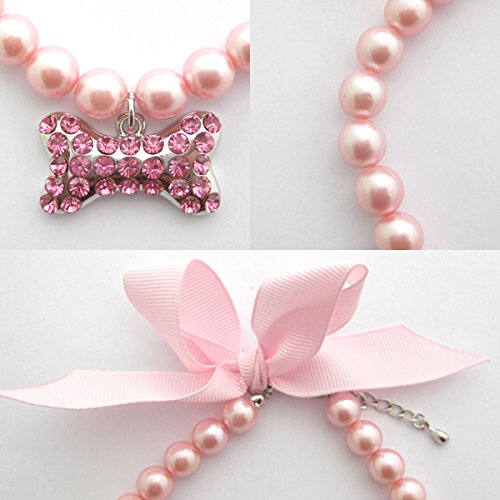 Petfavorites Fancy Pearls Crystal Dog Necklace Jewelry With Bling Rhinestones Big Bone Charm For Pets Cats Small Dogs Girl Teacup Chihuahua Yorkie Clothes Costume Outfits (Pink, 12 To 13.7-Inch)