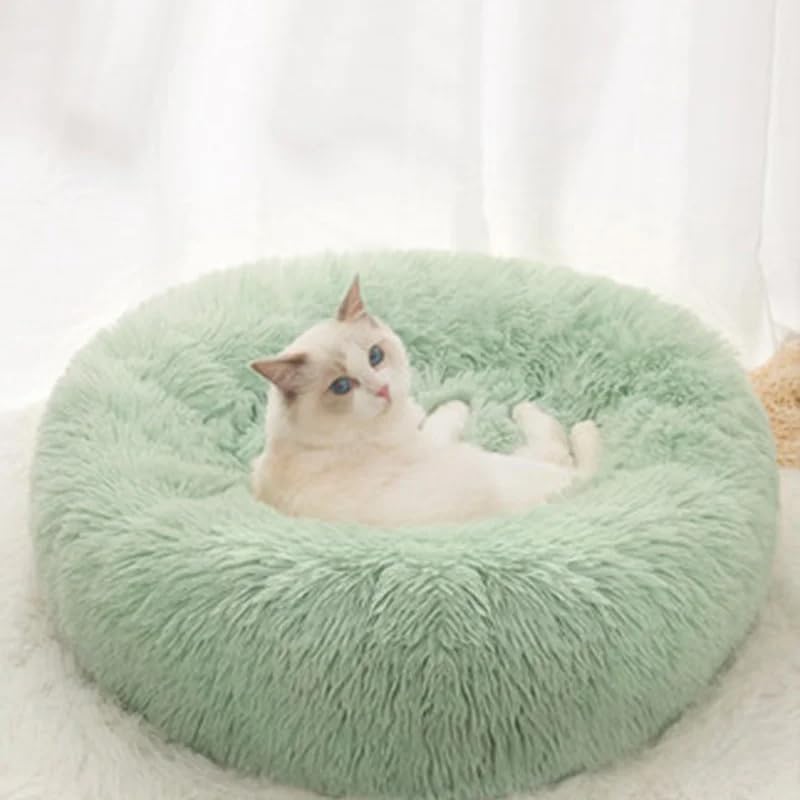 Cat Beds For Indoor Cats - Washable 20/24 Inches, Anti-Anxiety Round Plush Faux Fur, Thick Bottom (Light Green, Medium) - Suitab