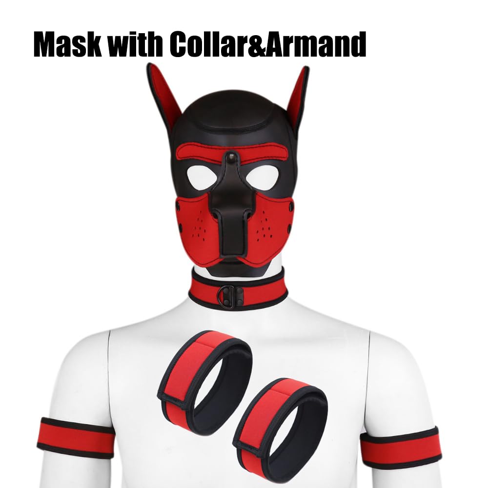 Quyuwowo Neoprene Dog Full Face Puppy Mask Removable Pup Hood Halloween Mask (Red, Mask)
