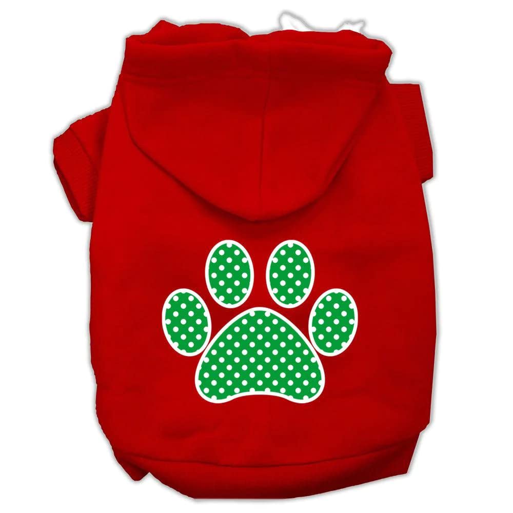 Pet Dog & Cat Hoodie Screen Printed, 'Green Swiss Dots Paw' Red Lg (10-14 Lbs.)