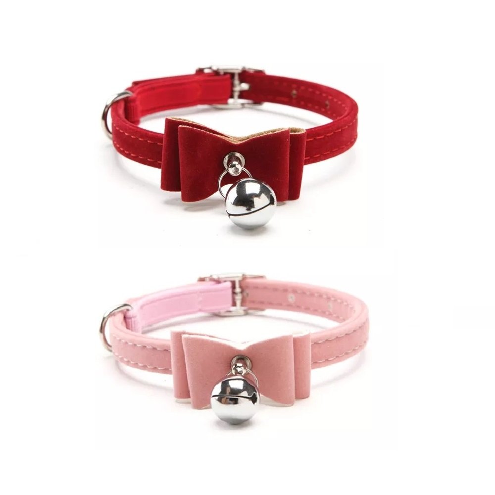 Stock Show 2Pcs Small Pet Velvet Bowknot Collar With Bell Adjustable Pu Leather Cute Necklace Bow Tie For Cat Kitten Kitty Dog Puppy, Pink&Red