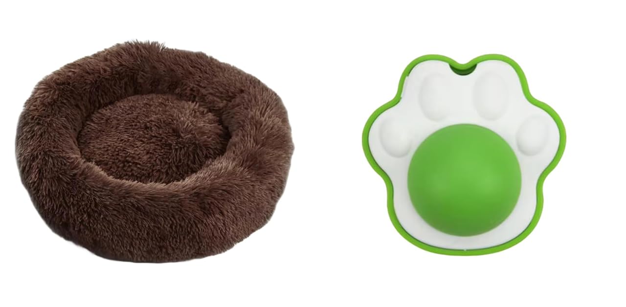 Urban Pet Gallery Fluffy Round Pet Bed For Dogs And Cats, Soft (Medium, Brown) And Catnip Toy Rotatable Cat Toy Cat Wall Toy Cat