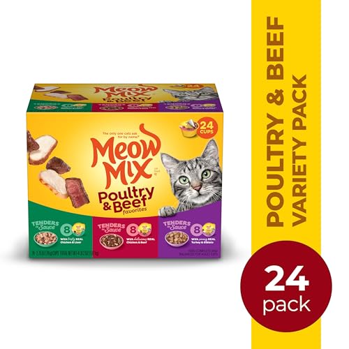 Meow Mix Wet Cat Food Tenders in Sauce, Poultry & Beef Variety Pack, 2.75 Ounce Cup, 24 Count