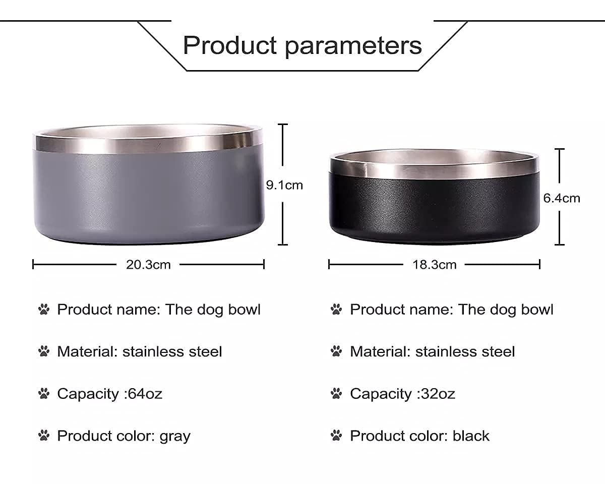 Gteller 32oz 64oz Stainless Steel Double Wall Dog Bowls,BPA Free Non-Slip Pet Dishes,Cat Food&Water Bowl with Rubber Base (64oz,