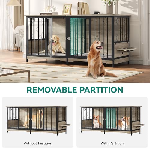 YITAHOME 71 Double Dog Crate Furniture with Divider, Wooden Large Dog Kennel with Flip-Top&4 Rotatable Bowls&2 Cushions, Dog Cra