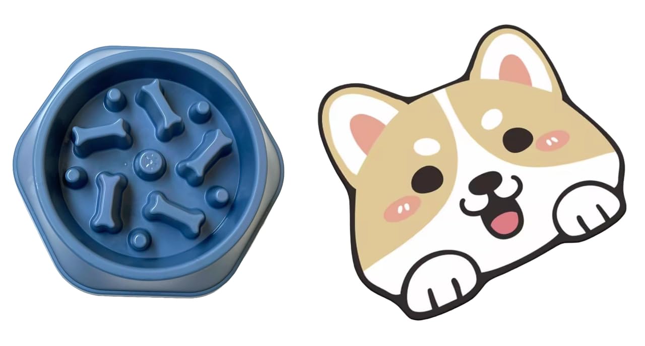 Urban Pet Gallery Pet Bowl, Feeding Bowl Slow Eating Bowl For Dogs And Cats (Blue) And Adorable Crystal Velvet Cartoon Cat Litte