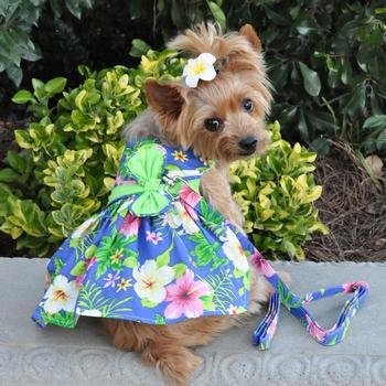 Blue Lagoon Hawaiian Hibiscus Dog Dress With Matching Leash (Large)
