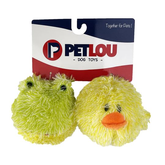 Pet Lou Ez Squeaky Ball Twin Pack, Chick And Frog, 4-Inches Diameter, Yellow, Plush, Pet Toys And Supplies