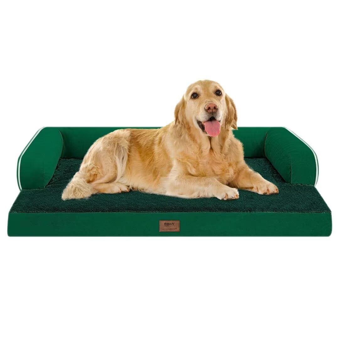 Large Dog Bed Orthopedic Washable - Waterproof Removable Cover - Medium Xlarge Big Dogs - Egg Foam Couch - Emerald Dog Beds Bolster With Sides
