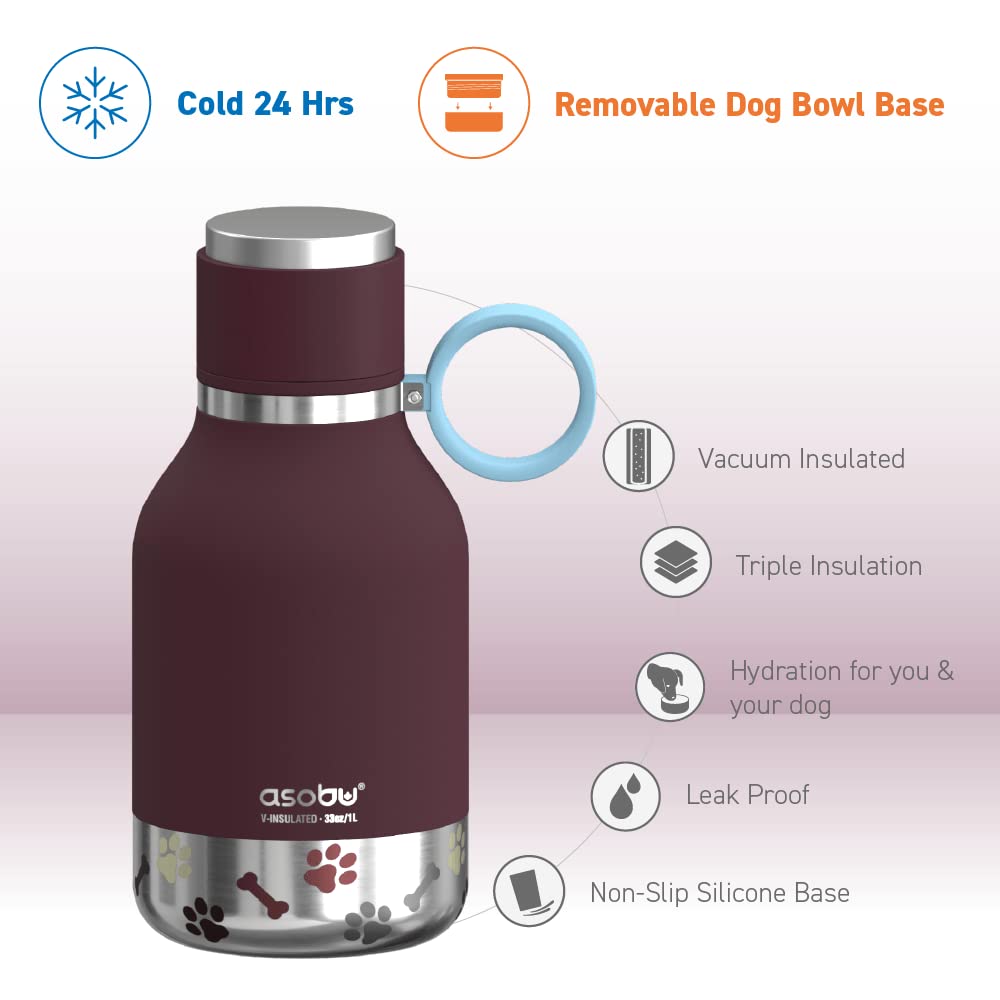 Asobu Dog Bowl Attached To Stainless Steel Insulated Travel Bottle For Human 33 Ounce (Burgundy)