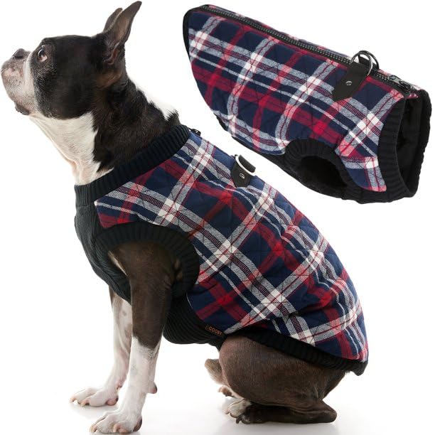 Gooby Fashion Vest Check Dog Jacket - White Check, Large - Warm Zip Up Bomber Vest with Dual D Ring Leash - Winter Water Resista