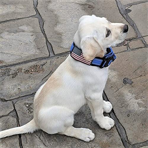 2' Personalized Tactical Dog Collar - Wide Thick Military Style With Strong Belt Buckle Closure - American Flag Patch - Reflective - Med And Xl Sizes For Large And Giant Dogs (20'-28', Blue)