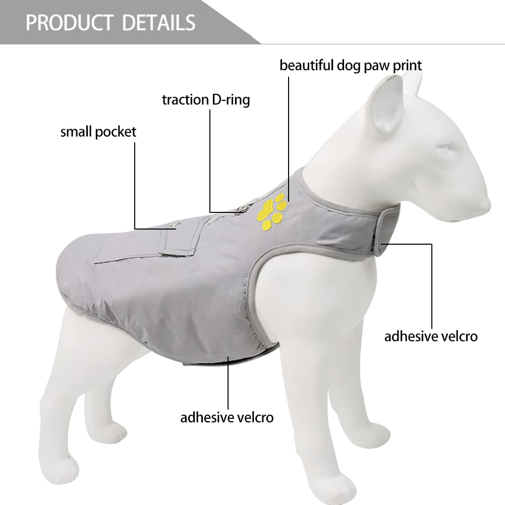 Doggiekit Dog Cold Weather Costs, Reversible Waterproof Warm Dogs Jacket Vest Winter Coat With Pocket And D-Ring, Windproof Pet Cotton Clothes For Smell Medium Large Dogs Cats (Small, Gray)