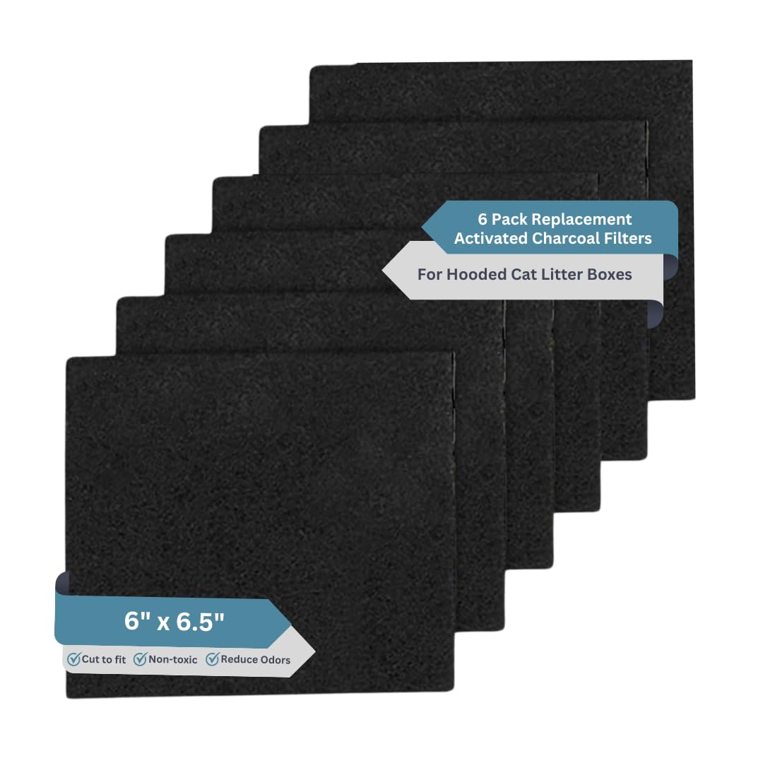 6-Piece Litter Box Filters For Hooded Cat Litter Box – Activated Charcoal Filters Eliminate Up To 99% Of Odors – 6 Inch X 6.5 Inch Trimmable Pads