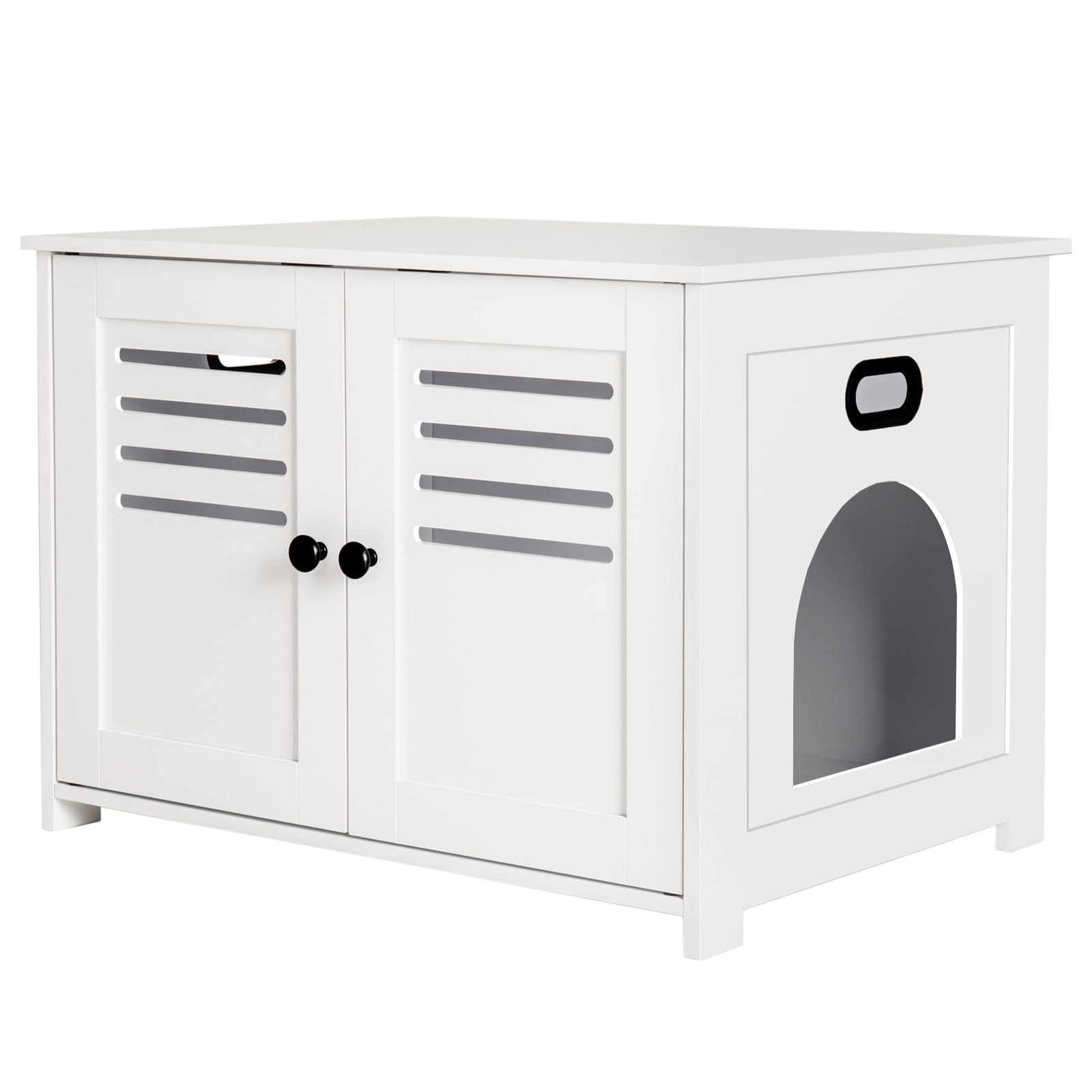 Dinzi Lvj Litter Box Enclosure, Cat Litter House With Louvered Doors, Entrance Can Be On Left Or Right, Large Hidden Cat Washroom For Most Of Litter Box, Cat Furniture Cabinet, White