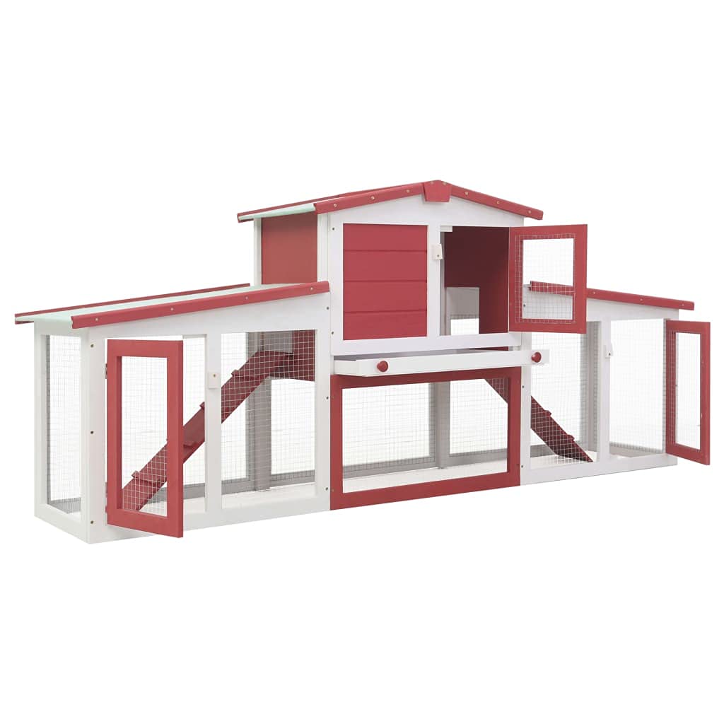 Vidaxl Outdoor Large Red And White Rabbit Hutch - Dual Tier Wooden Hutch With Lockable Doors, Asphalt Roof, And Removable Tray For Rabbits And Small Animals