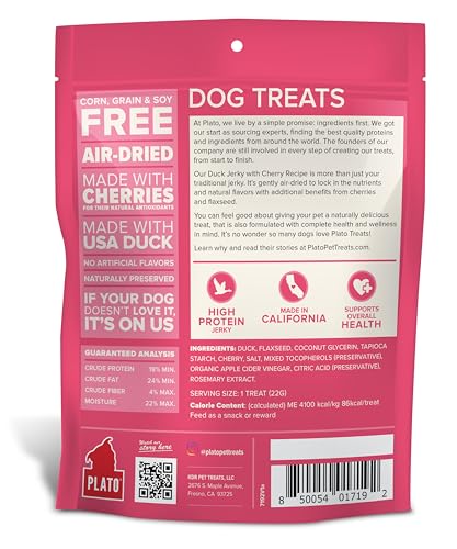 Plato Pet Treats - Air-Dried Jerky - Delicious, Real Meat Dog Treats - Grain Free - Supports Healthy Digestion - Duck with Cherr