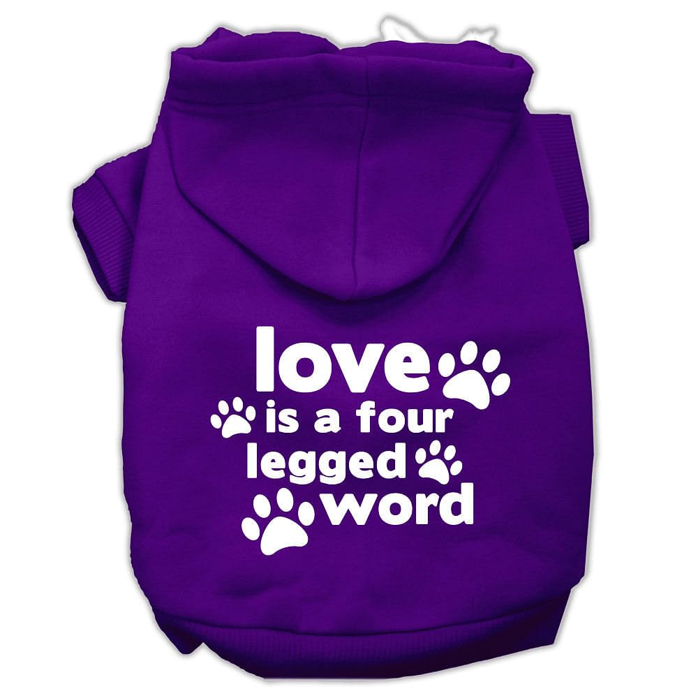 Pet Dog & Cat Hoodie Screen Printed, 'Love Is A Four Legged Word' Purple Xs (0-3 Lbs.)